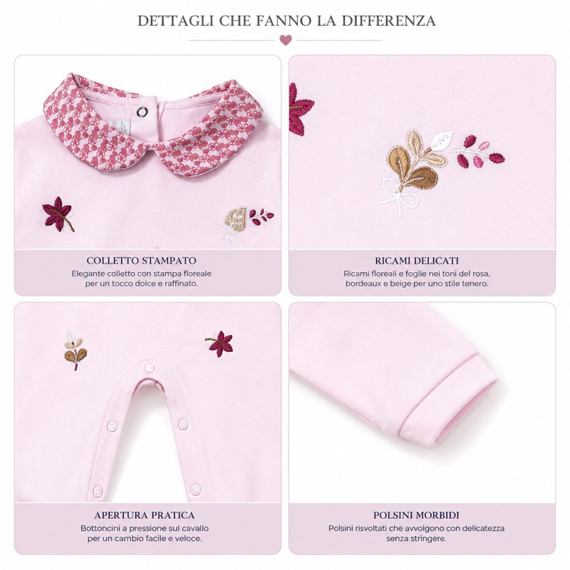 Tutina neonata ricamata in cotone interlock con piedini per primi mesi