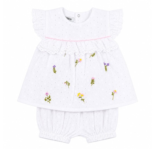 Baby girl cotton broderie anglaise outfit with embroidered blouse and matching bloomers by Teneri e Belli