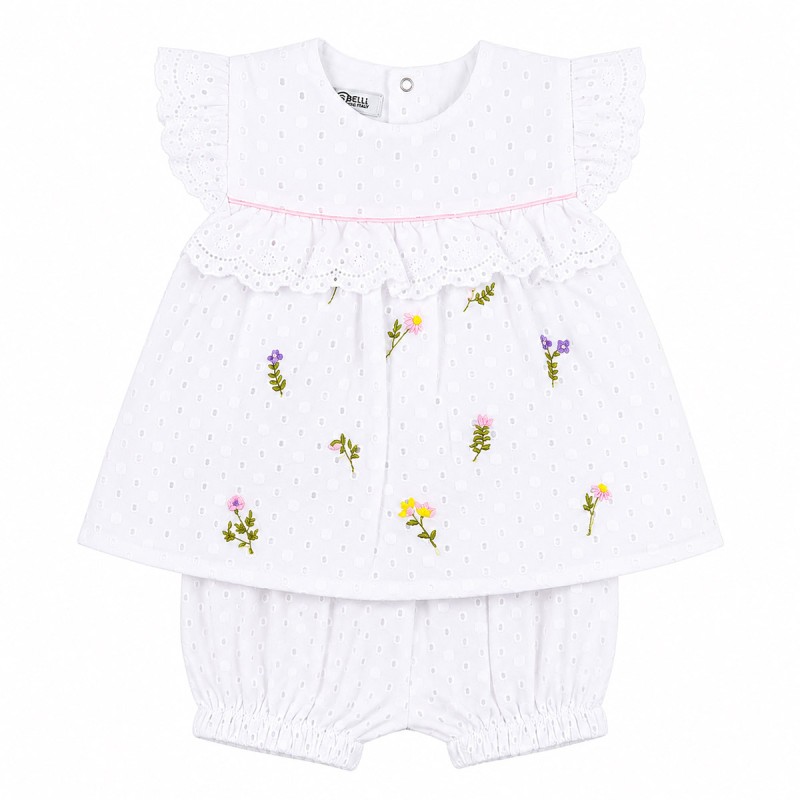Baby girl cotton broderie anglaise outfit with embroidered blouse and matching bloomers by Teneri e Belli