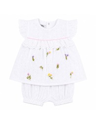 Baby girl cotton broderie anglaise outfit with embroidered blouse and matching bloomers by Teneri e Belli