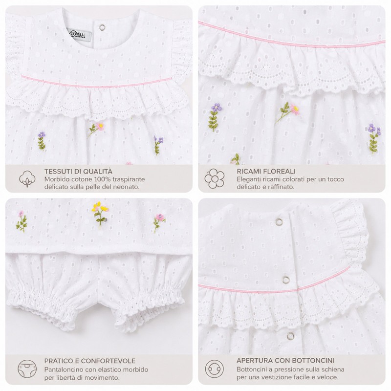 Baby girl cotton broderie anglaise outfit by Teneri e Belli with floral embroidery for spring and summer