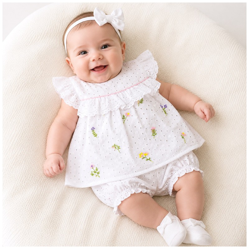 Made in Italy baby girl broderie anglaise outfit with embroidered ruffles and elastic bloomers