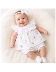 Completo neonata Sangallo Made in Italy con volant ricamati e pantaloncino elasticizzato
