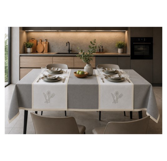Cotton tablecloth with matching runners and napkins featuring rhinestone decoration