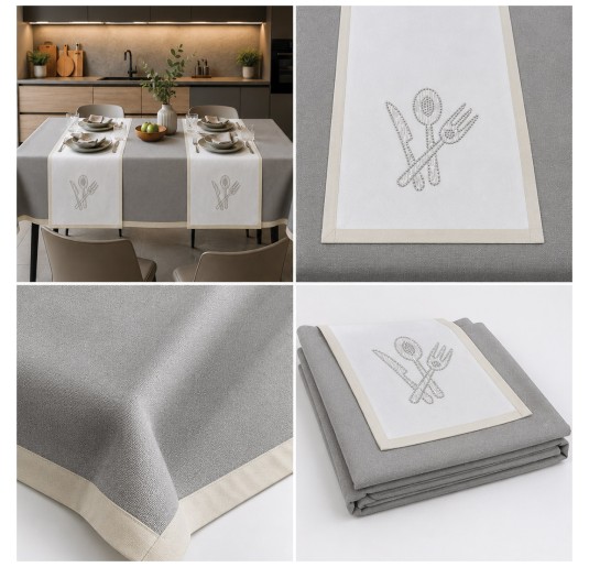Cotton tablecloth with matching runners and napkins featuring rhinestone decoration 2