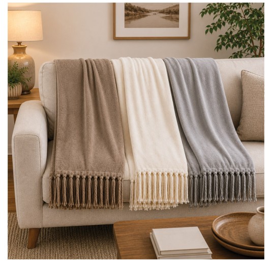 Sunrise 130x160 fleece throw with hand-knotted fringes for sofa and bed