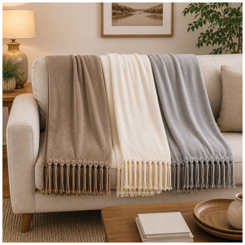 Plaid in pile 130x160 Sunrise con frange annodate per divano e letto