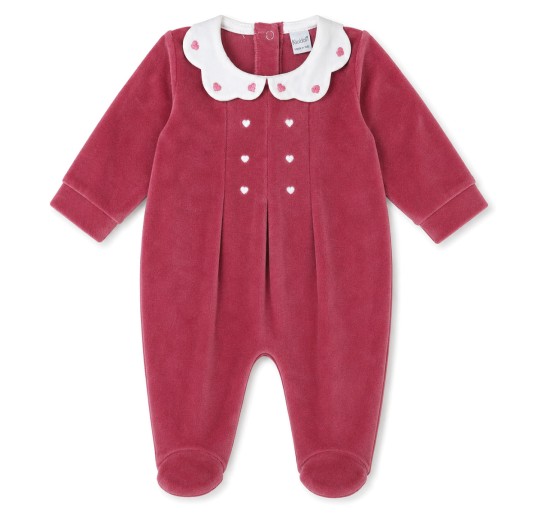 Baby girl velour sleepsuit in pink with embroidered white collar and covered feet