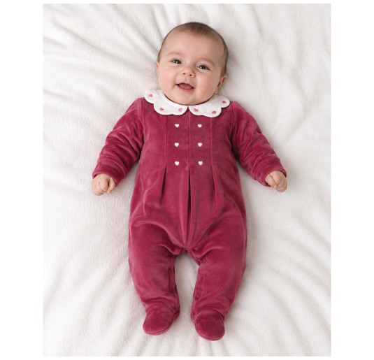 Baby girl velour sleepsuit in pink with embroidered white collar and covered feet 2
