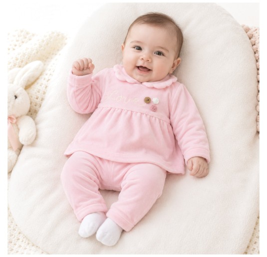 2-piece baby girl's velour outfit with collar and matching trousers 2