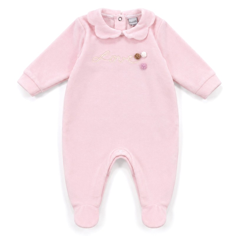Tutina neonata intera in ciniglia rosa con piedini integrati