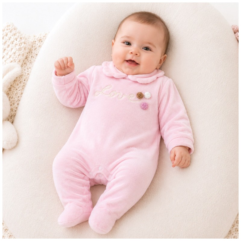 Tutina neonata in ciniglia rosa con colletto e ricamo Love