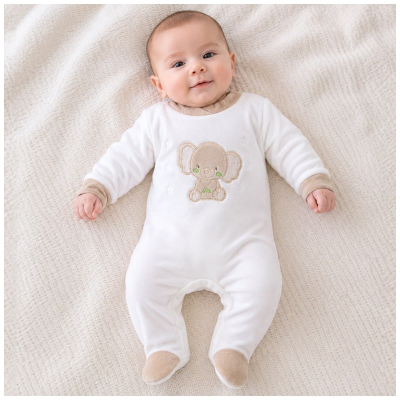 Baby Velour Sleepsuit with Embroidered Elephant