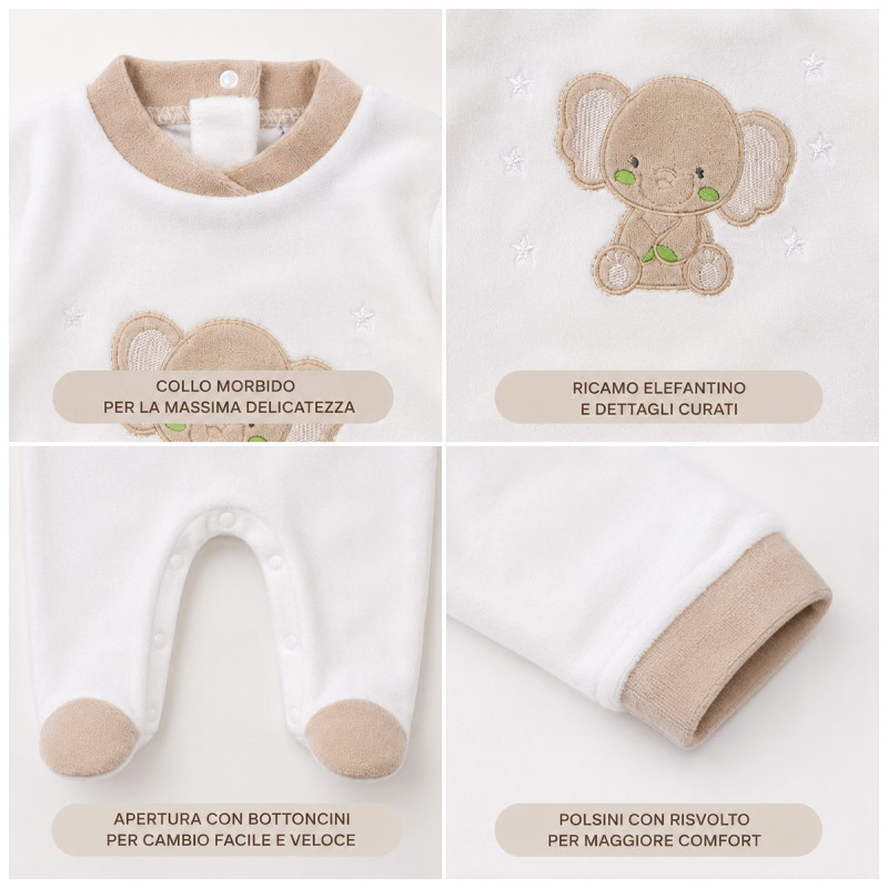 Baby Velour Sleepsuit with Embroidered Elephant  - Batuffolini