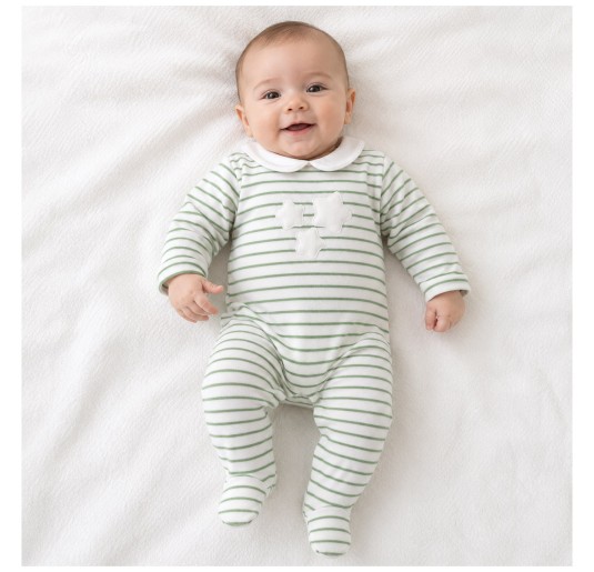 Tutina neonato in ciniglia ricamata Stelline Green Coccode' con colletto bianco 2