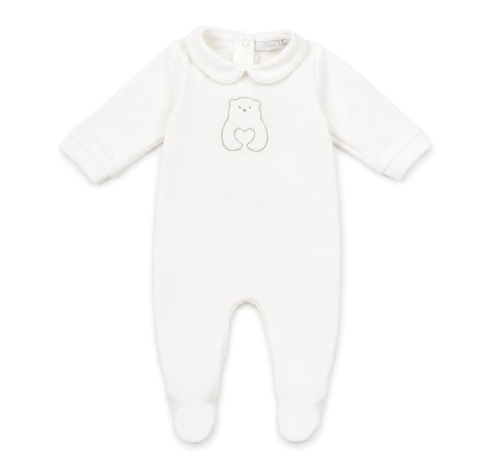 White baby sleepsuit with Teddy Bear embroidery Coccode' Firenze and rounded collar