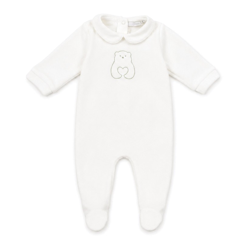 White baby sleepsuit with Teddy Bear embroidery Coccode' Firenze and rounded collar