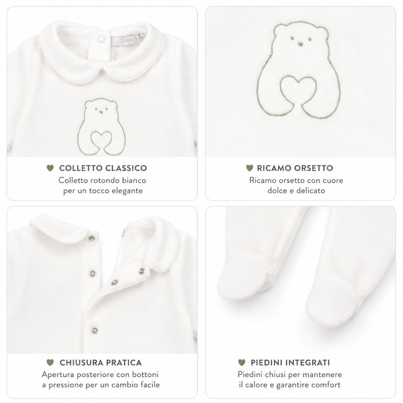 White baby sleepsuit with Teddy Bear embroidery and back opening