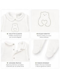 White baby sleepsuit with Teddy Bear embroidery and back opening