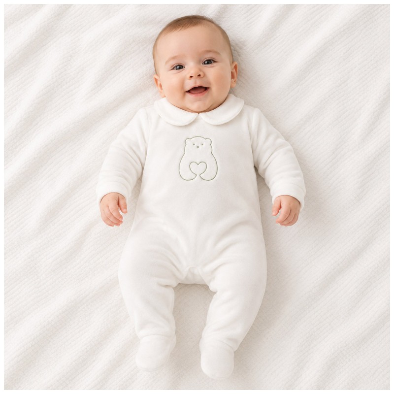 White baby sleepsuit with Teddy Bear embroidery and integrated feet