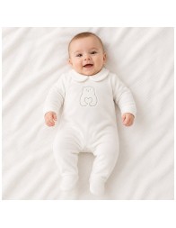 White baby sleepsuit with Teddy Bear embroidery and integrated feet