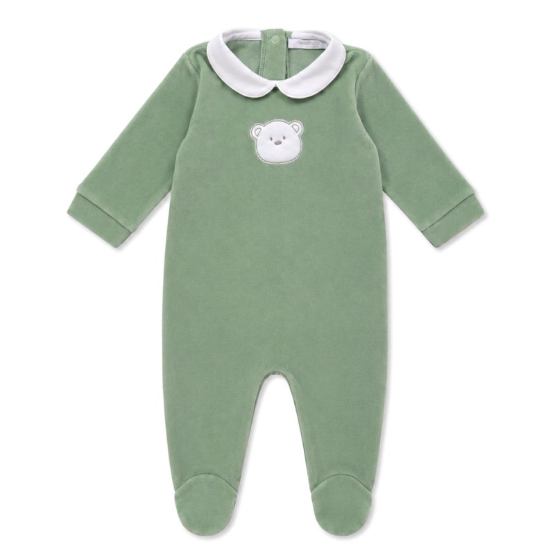 Embroidered chenille baby sleepsuit Green Bear with white collar
