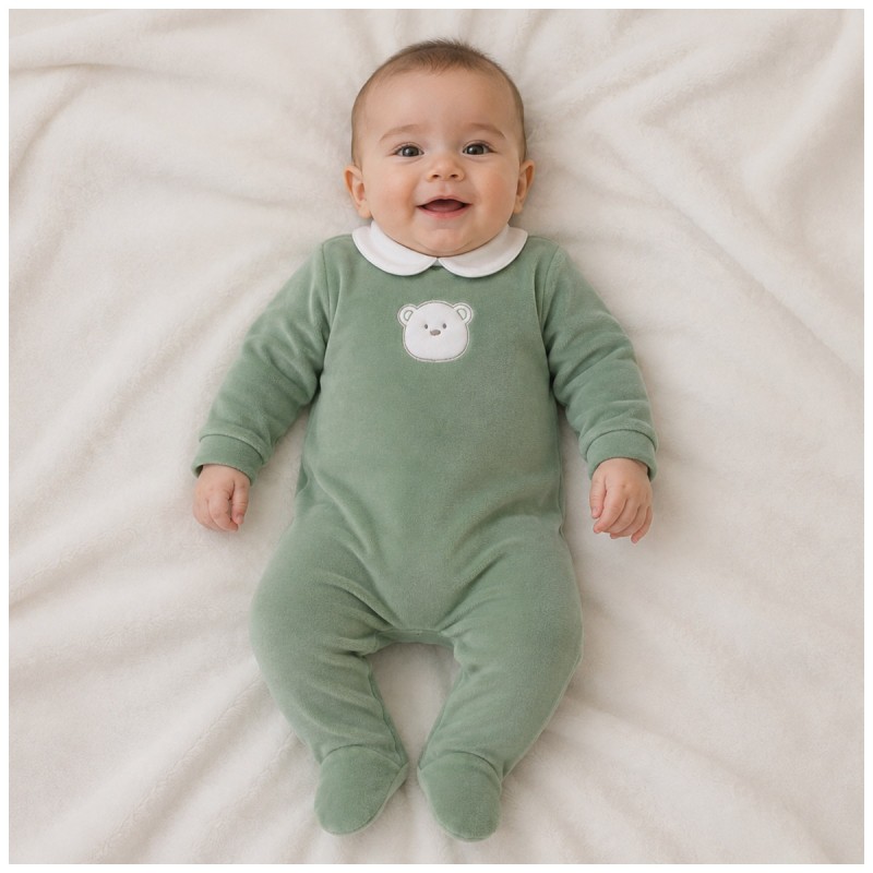 Embroidered chenille baby sleepsuit Green Bear with built-in feet