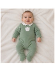 Embroidered chenille baby sleepsuit Green Bear with built-in feet