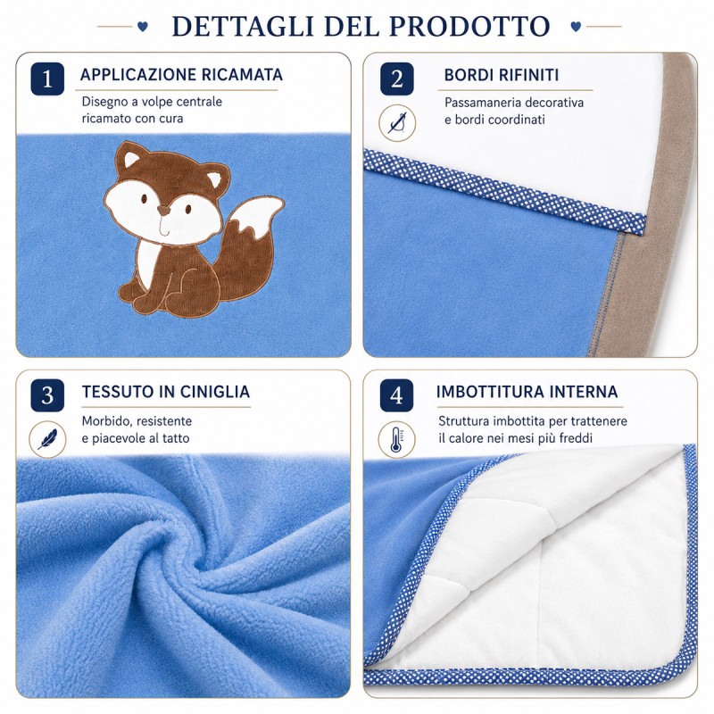 chenille baby cot blanket Les Jolies in blue with fox