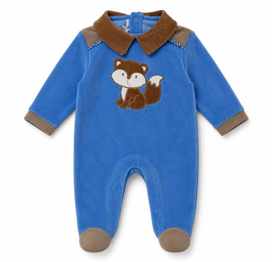 Tutina in ciniglia azzurra per neonato con volpe ricamata Les Jolies