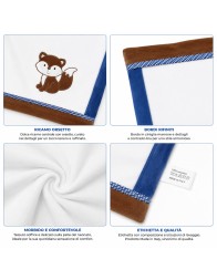 Copertina culletta in ciniglia con volpe e bordi blu e marroni