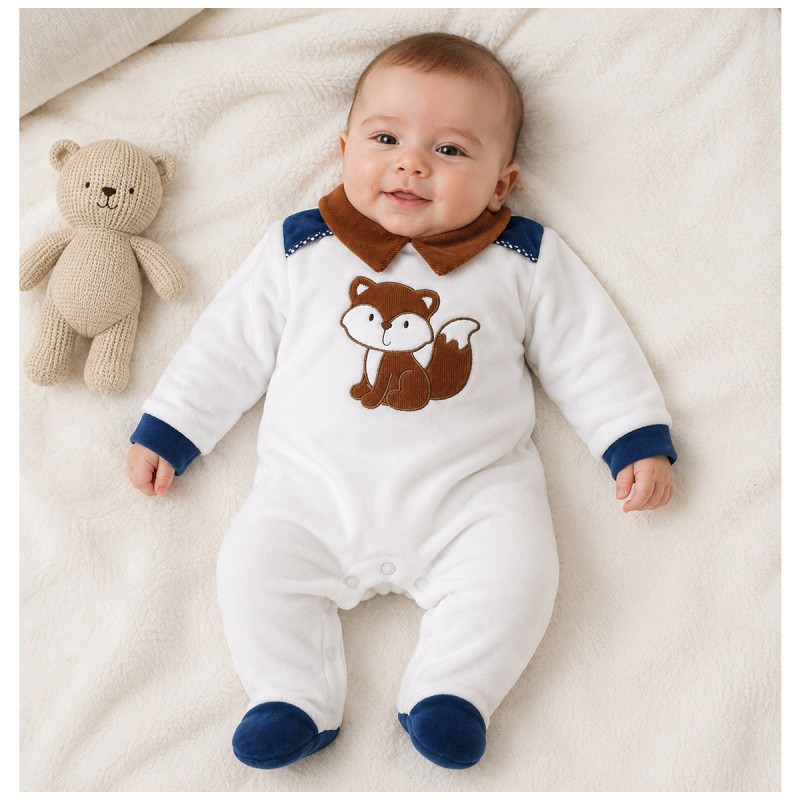 Baby velour sleepsuit with blue details and brown collar