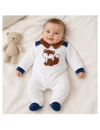 Baby velour sleepsuit with blue details and brown collar