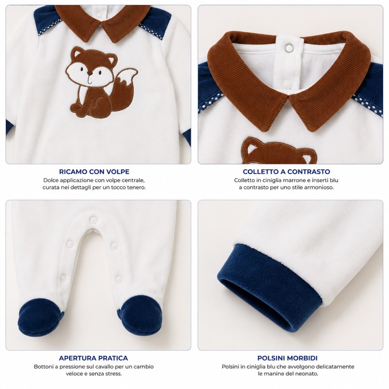 Baby velour sleepsuit with enclosed feet and snap crotch opening