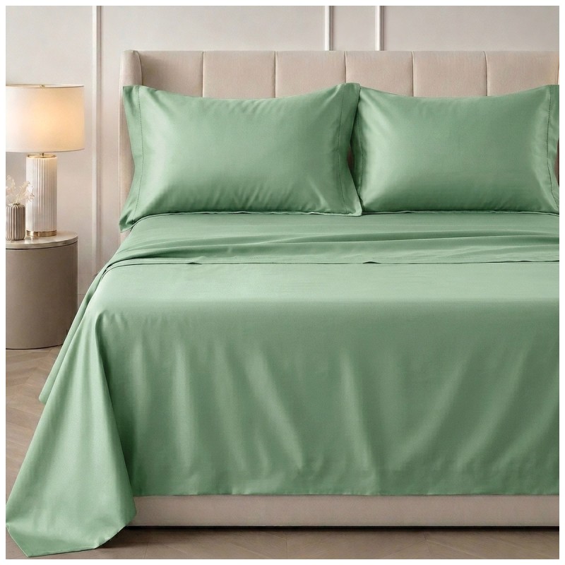 Set lenzuola matrimoniale in raso di cotone e orlo a giorno - Satin - Eucalipto