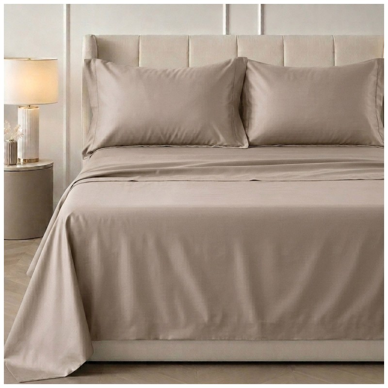 Set lenzuola matrimoniale in raso di cotone e orlo a giorno - Satin - Tortora