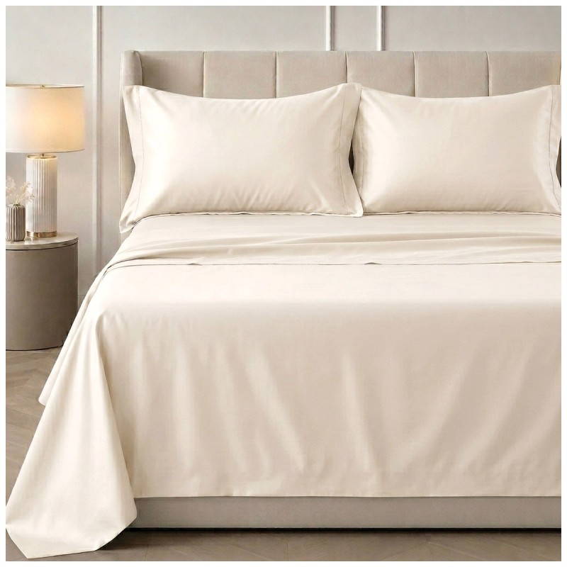 Set lenzuola matrimoniale in raso di cotone e orlo a giorno - Satin - Panna