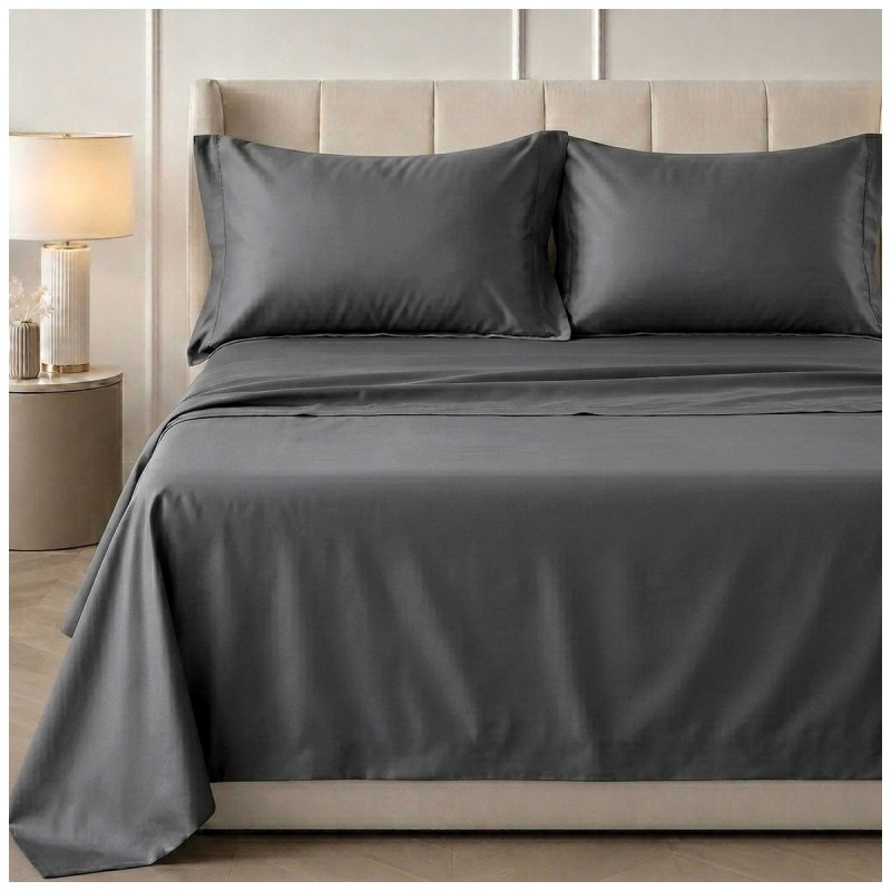 Set lenzuola matrimoniale in raso di cotone e orlo a giorno - Satin - Grigio