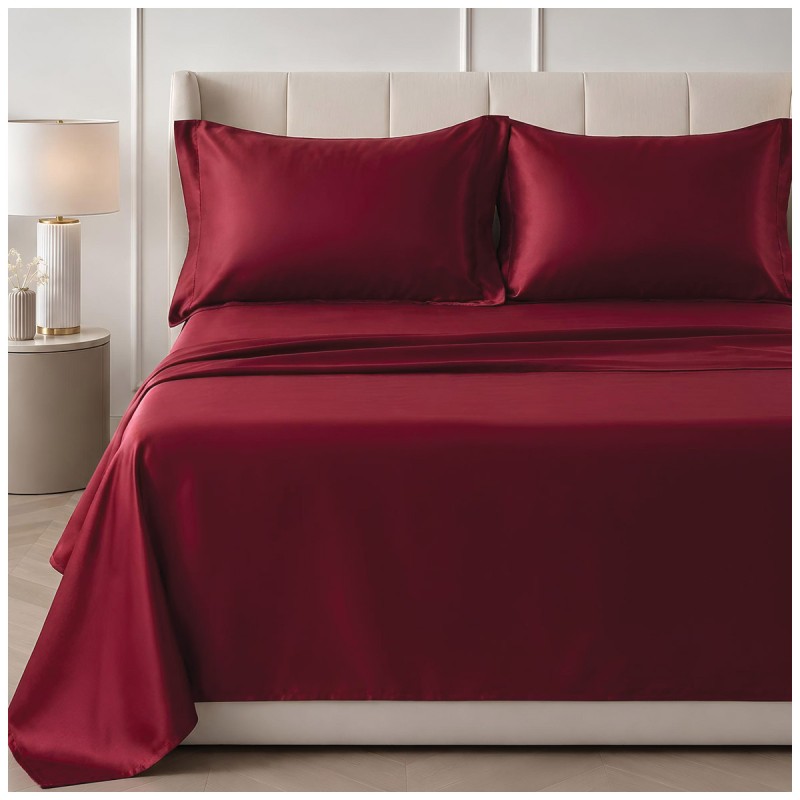 Set lenzuola matrimoniale in raso di cotone e orlo a giorno - Satin - Bordeaux