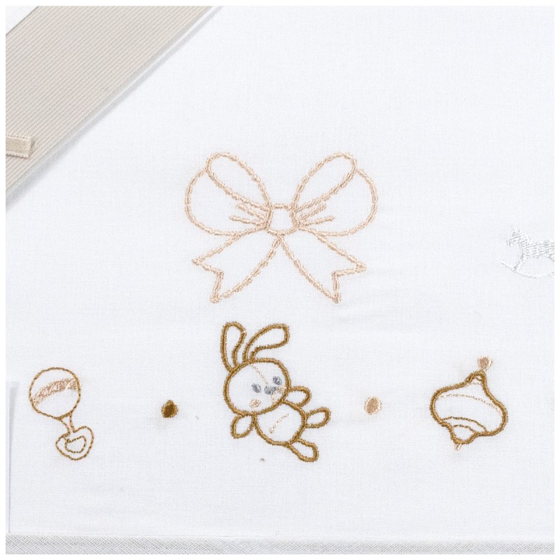 White Next to Me baby sheet with beige and taupe embroidery