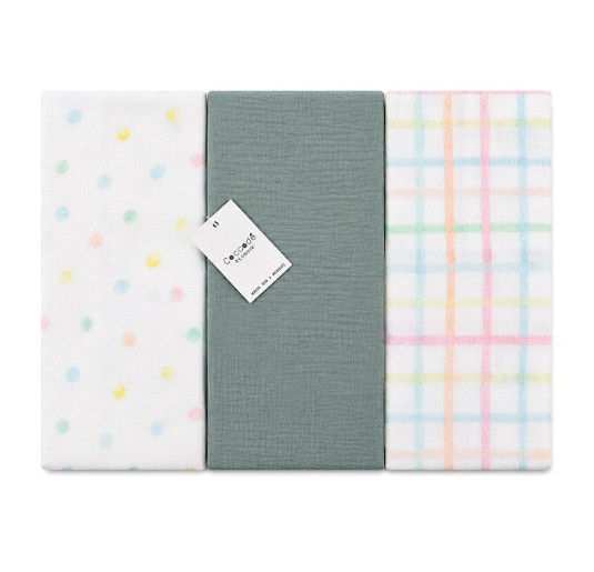 Set 3 copertine neonato in garza biologica con pois e quadri pastello