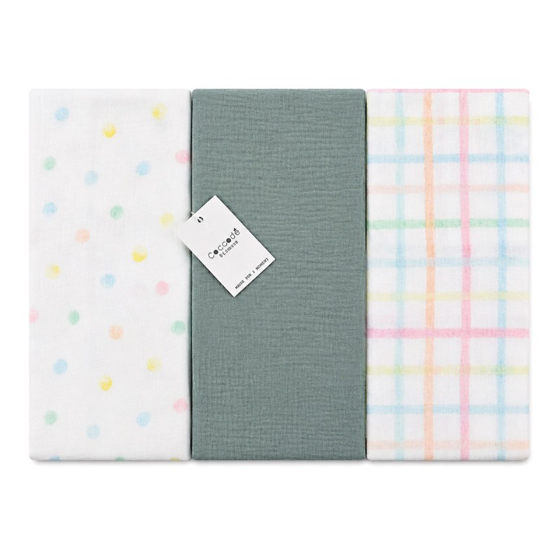 Set 3 copertine neonato in garza biologica con pois e quadri pastello