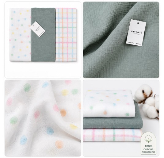 Set 3 copertine neonato in garza biologica con pois e quadri pastello 2
