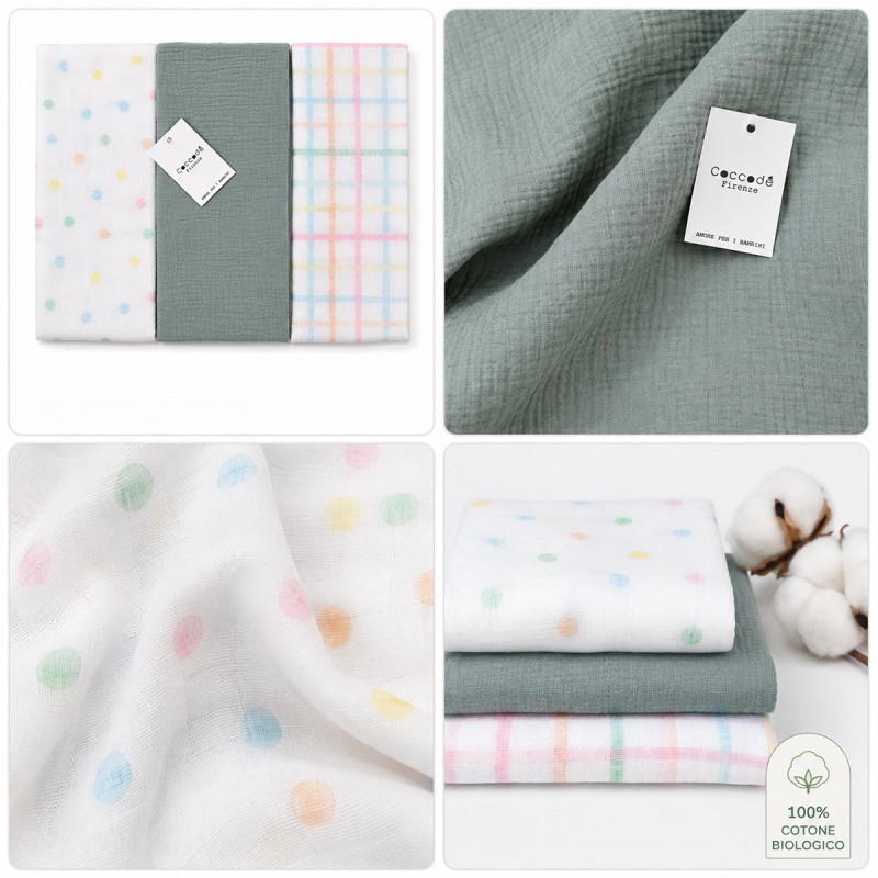 Organic cotton gauze baby blankets Coccode' in white and sage green