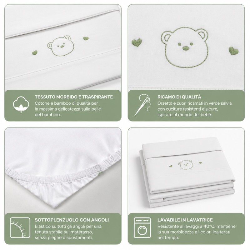 Set lenzuolino neonato bianco con ricamo orsetto e cuori verde salvia
