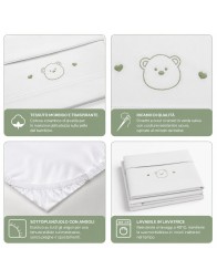 Set lenzuolino neonato bianco con ricamo orsetto e cuori verde salvia