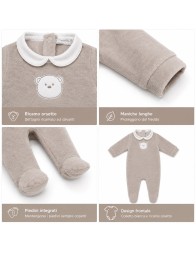 Embroidered Chenille Baby Sleepsuit - Taupe Bear - Coccode' Firenze
