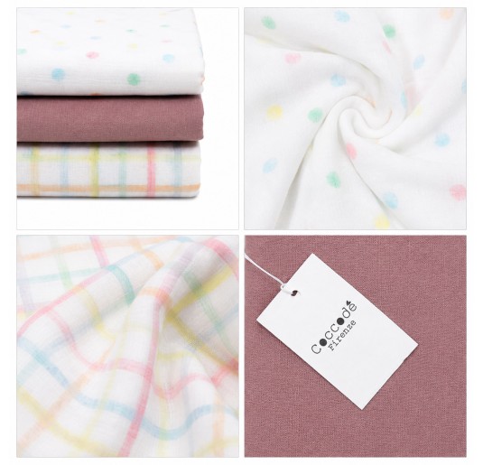 Organic cotton baby muslin blankets by Coccode' Firenze, 3-piece 75x75 cm set 2