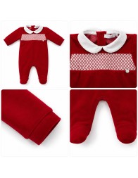 Red embroidered chenille baby romper Coccode' Firenze embroidery and feet detail