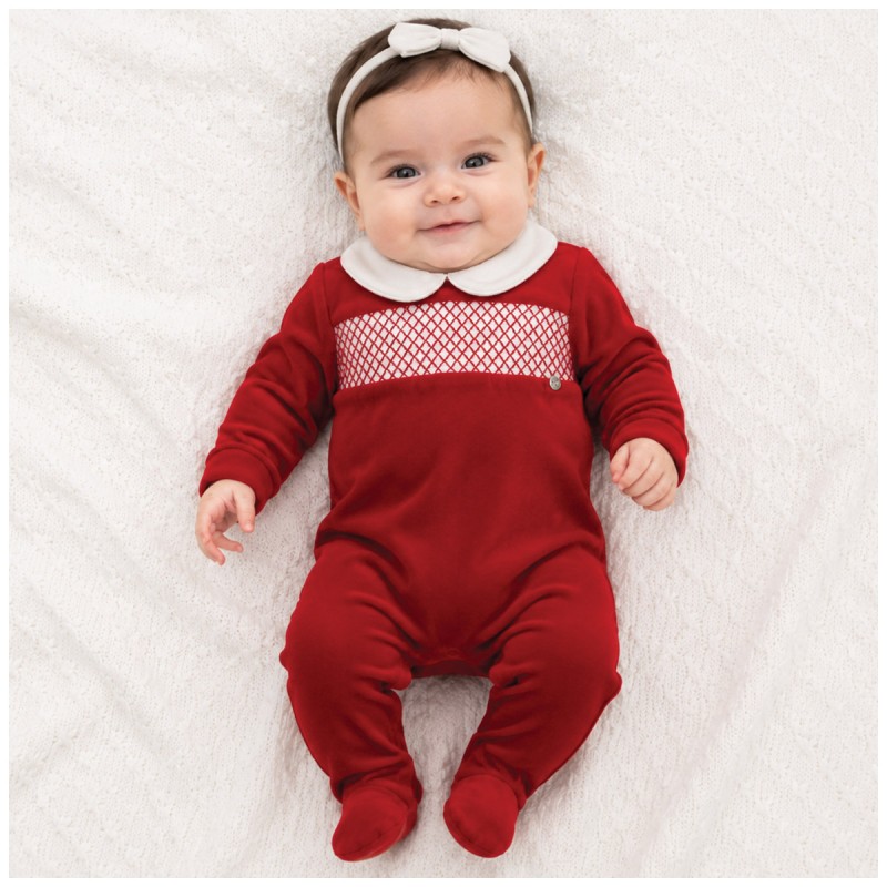 Red embroidered chenille baby romper Coccode' Firenze with white collar